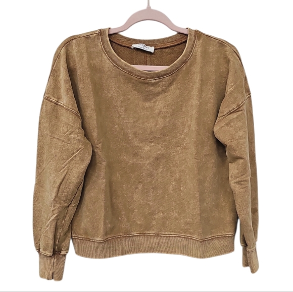 New Zenana Tan Acid Wash Fleece Sweatshirt Size L French Terry Pullover - Picture 3 of 3